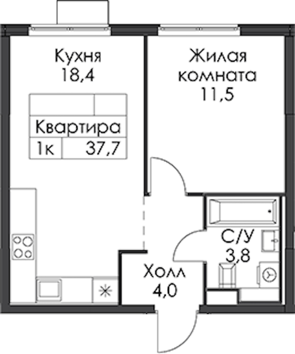 1-комнатная квартира 37.7 м², 10/24 эт., ЖК «Заречный парк»